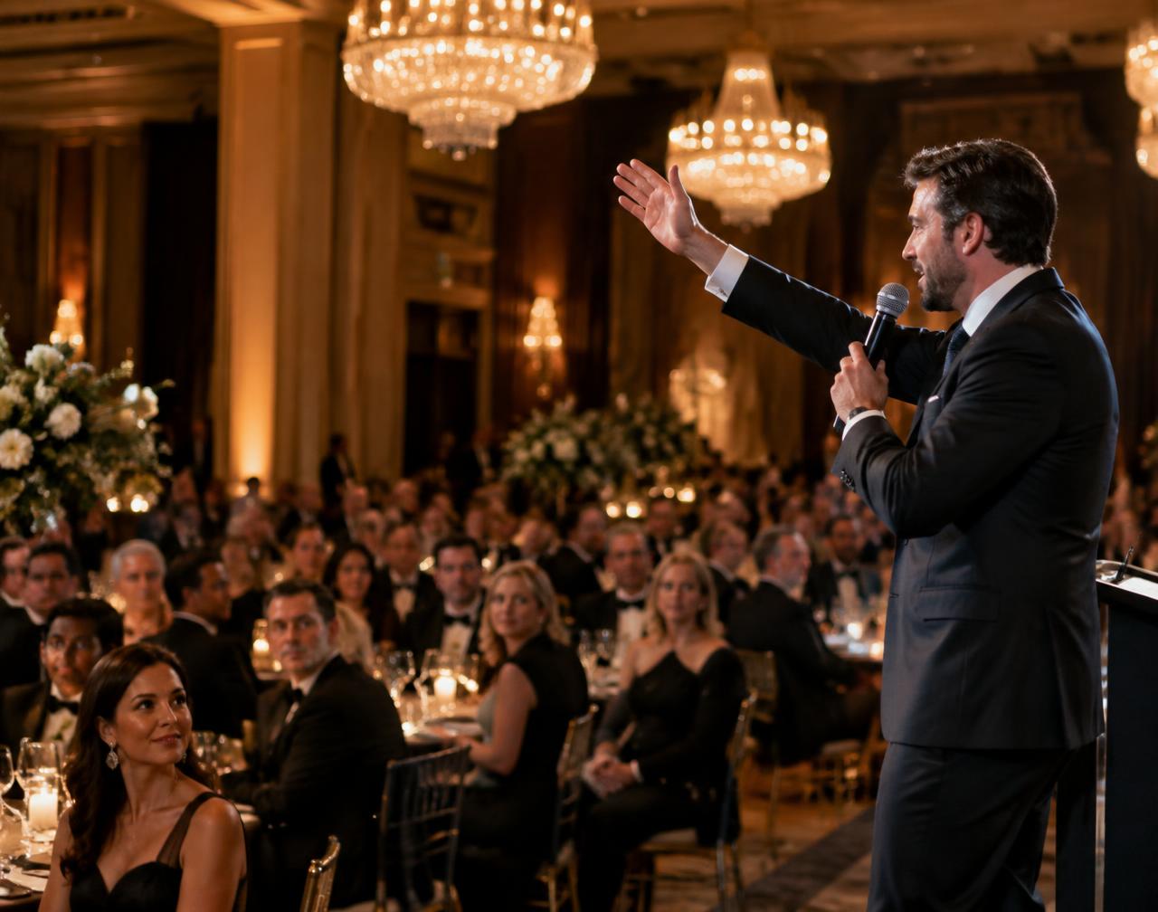 A live auctioneer inviting bids at a charity gala