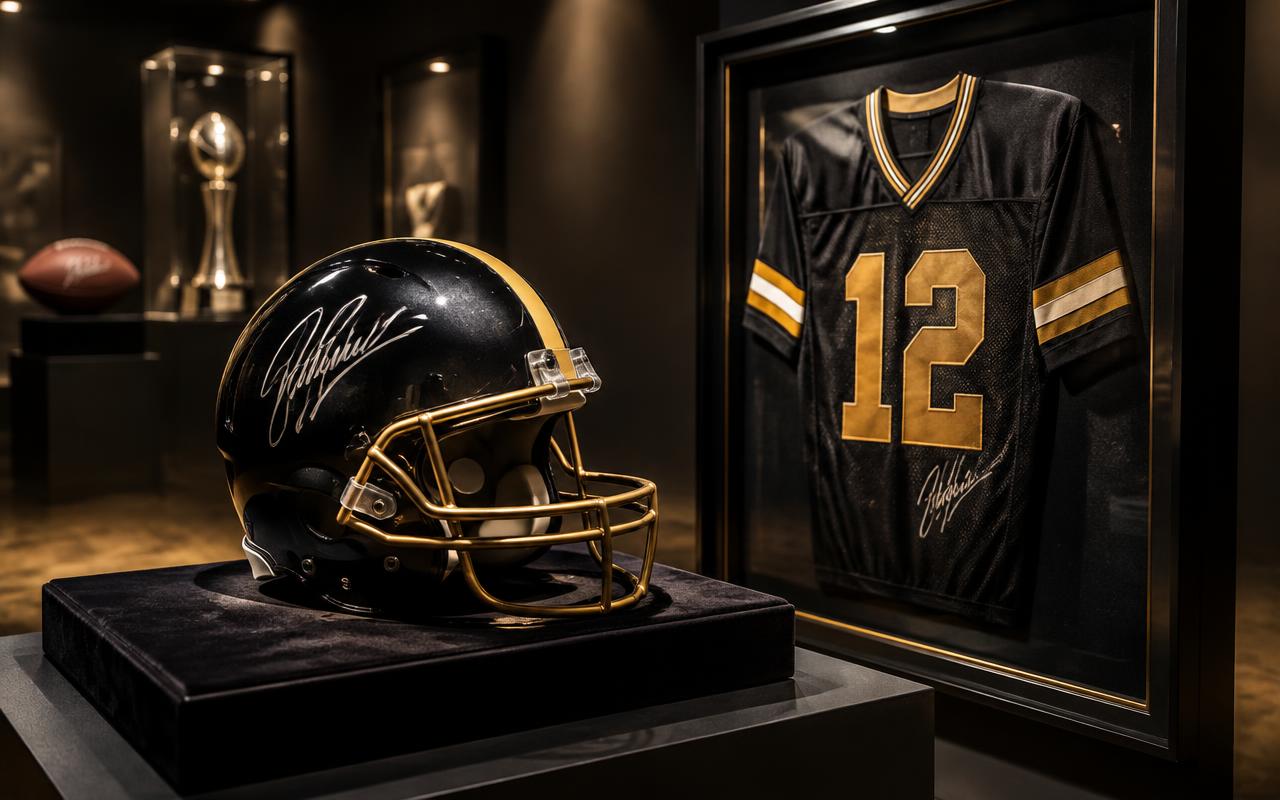 Authenticated sports memorabilia on display